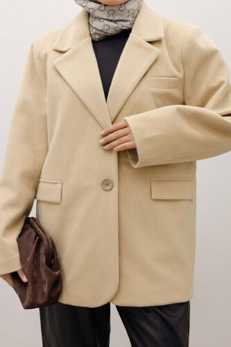 Çift Düğmeli Alpaka Ceket TSD250244 Bej - 4