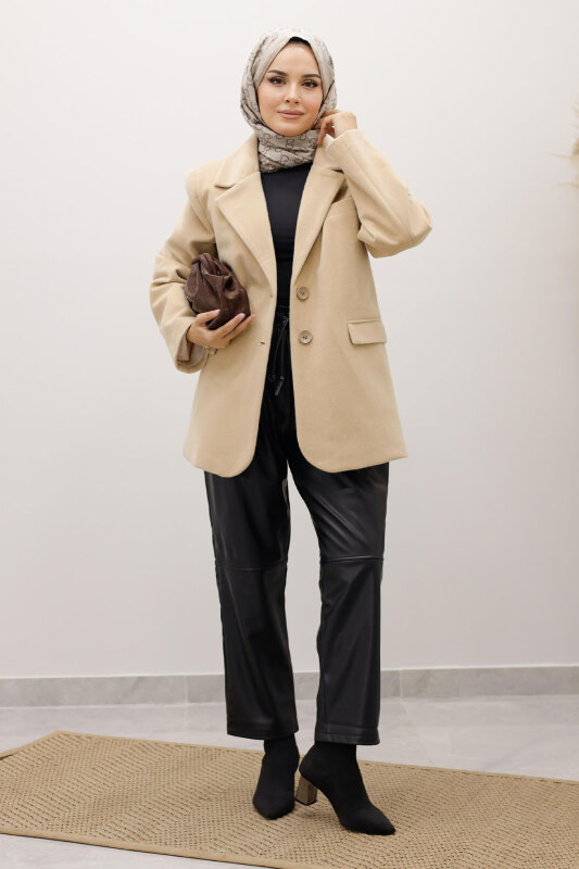 Çift Düğmeli Alpaka Ceket TSD250244 Bej - 5