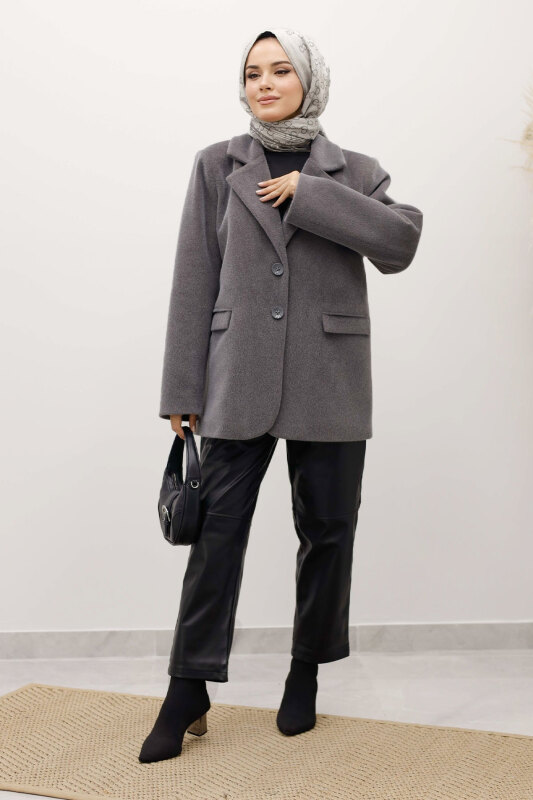 Çift Düğmeli Alpaka Ceket TSD250244 Gri - TESETTÜR DÜNYASI