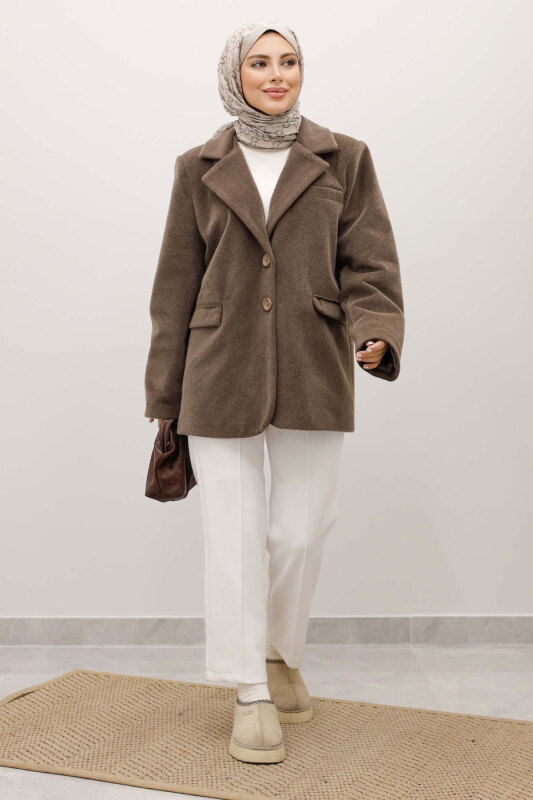 Çift Düğmeli Alpaka Ceket TSD250244 Kahverengi - TESETTÜR DÜNYASI