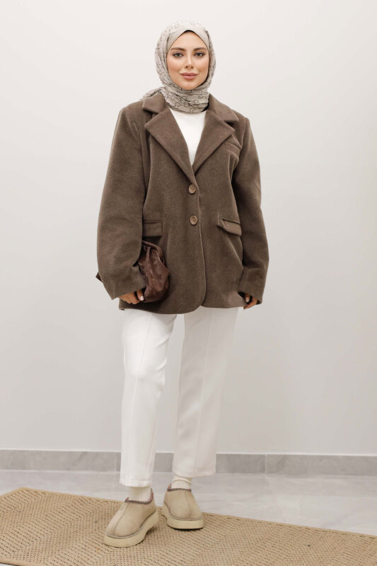 Çift Düğmeli Alpaka Ceket TSD250244 Kahverengi - 3