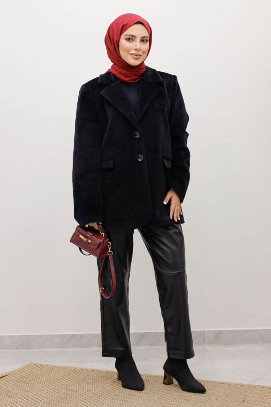 Çift Düğmeli Alpaka Ceket TSD250244 Siyah - TESETTÜR DÜNYASI