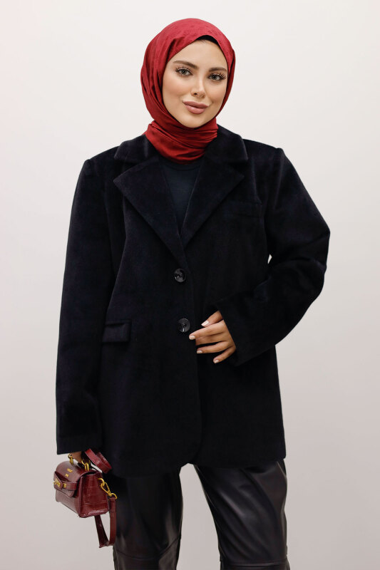 Çift Düğmeli Alpaka Ceket TSD250244 Siyah - TESETTÜR DÜNYASI (1)