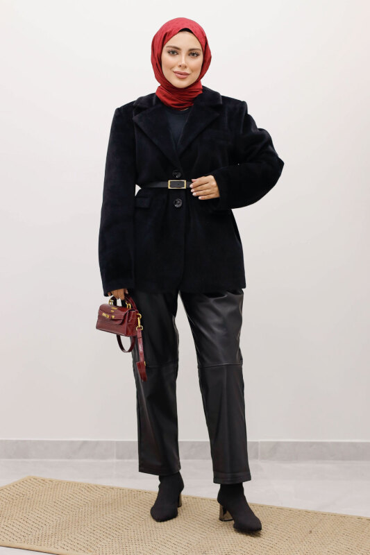 Çift Düğmeli Alpaka Ceket TSD250244 Siyah - 3