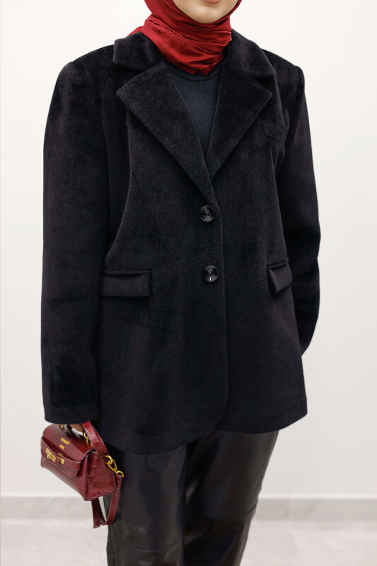 Çift Düğmeli Alpaka Ceket TSD250244 Siyah - 4