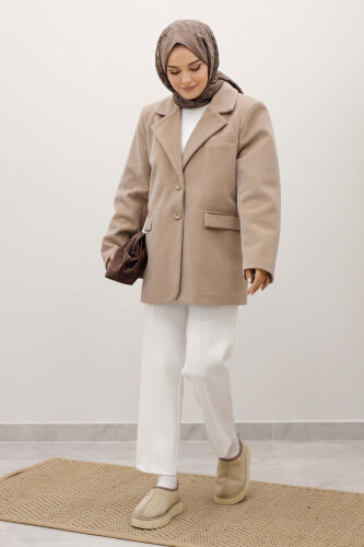 Çift Düğmeli Alpaka Ceket TSD250244 Vizon - 2