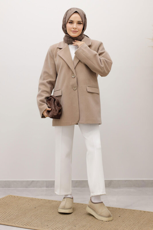 Çift Düğmeli Alpaka Ceket TSD250244 Vizon - 3