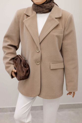 Çift Düğmeli Alpaka Ceket TSD250244 Vizon - 4