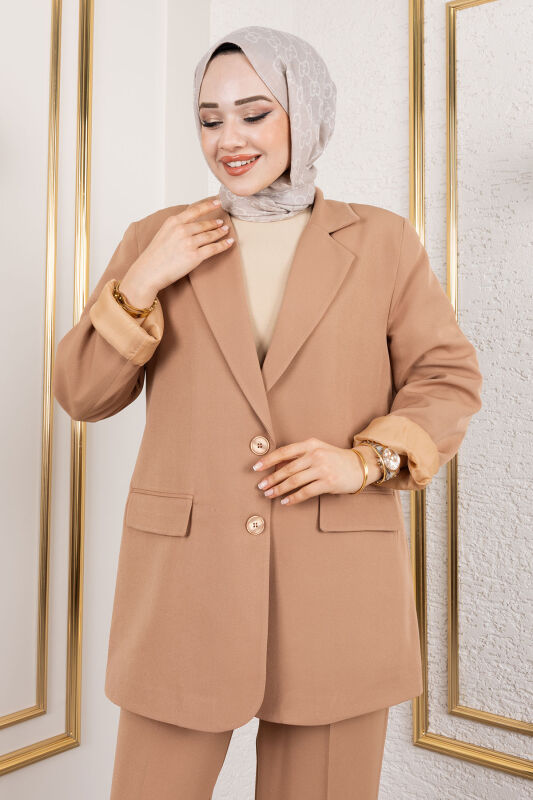 Kruvaze Yaka Blazer Takım TSD250118 Camel - 2