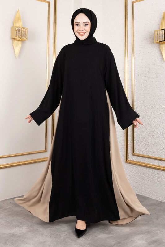 Çift Renkli Şallı Abaya TSD250147 Siyah - 1