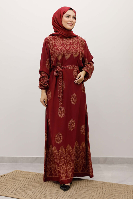 Çini Desenli Viskon Elbise TSD250237 Bordo - Tesettür Dünyası