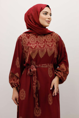 Çini Desenli Viskon Elbise TSD250237 Bordo - Tesettür Dünyası (1)