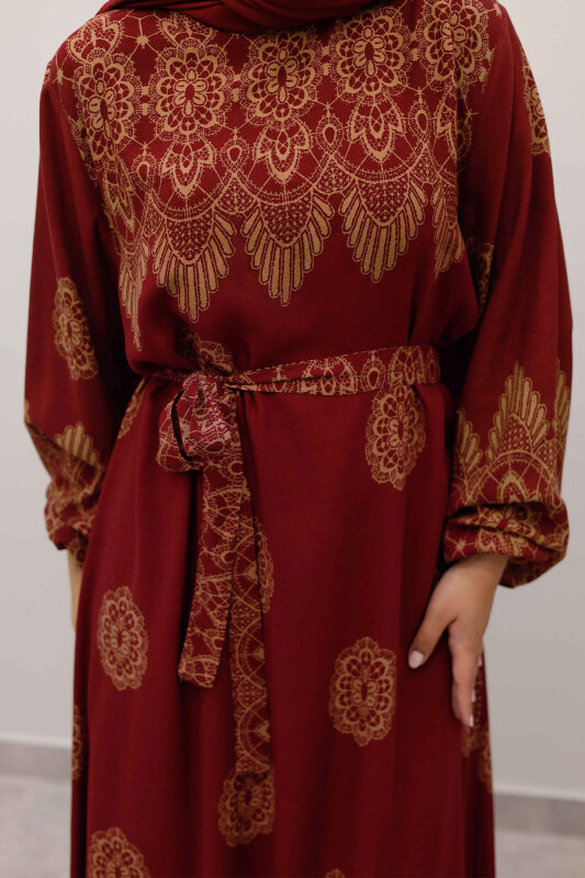 Çini Desenli Viskon Elbise TSD250237 Bordo - 4