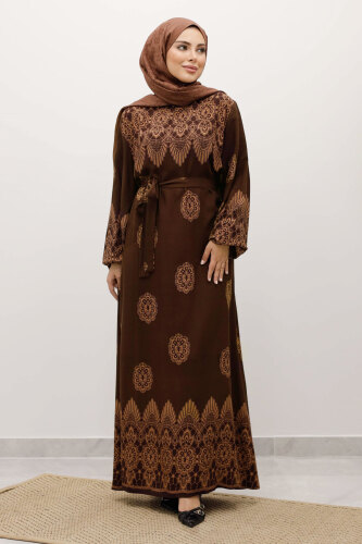 Çini Desenli Viskon Elbise TSD250237 Kahverengi - Tesettür Dünyası