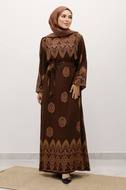 Çini Desenli Viskon Elbise TSD250237 Kahverengi - Tesettür Dünyası