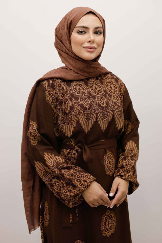 Çini Desenli Viskon Elbise TSD250237 Kahverengi - Tesettür Dünyası (1)