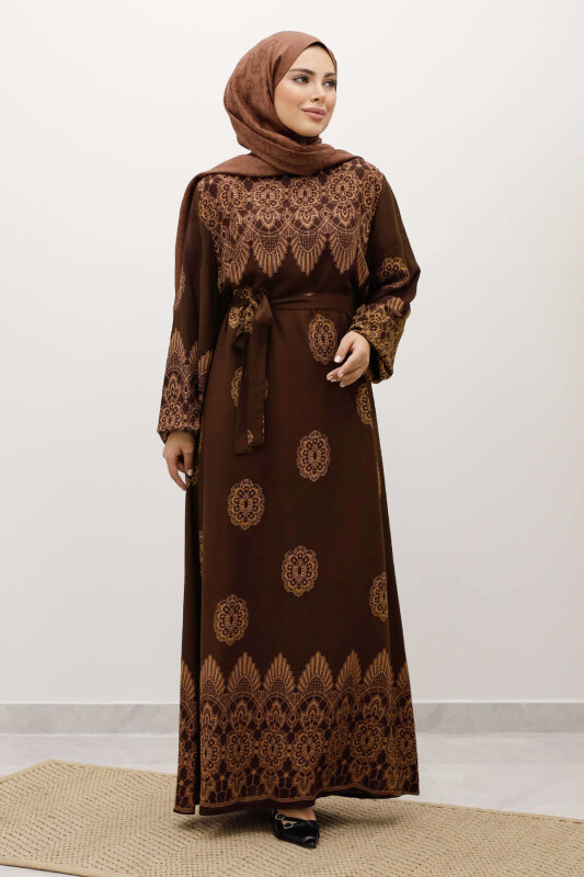 Çini Desenli Viskon Elbise TSD250237 Kahverengi - 3