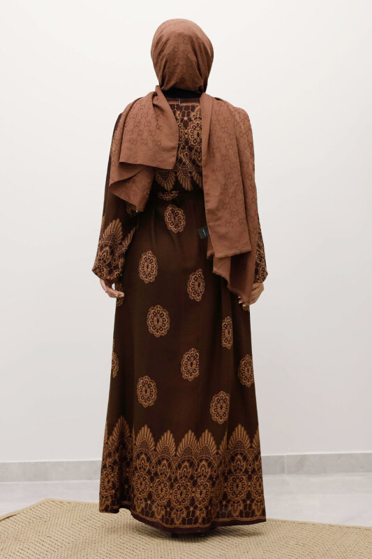 Çini Desenli Viskon Elbise TSD250237 Kahverengi - 6