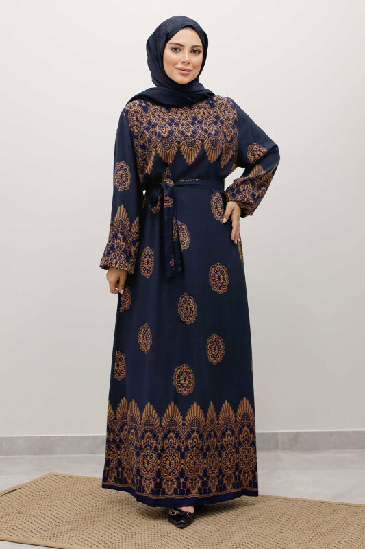 Çini Desenli Viskon Elbise TSD250237 Lacivert - Tesettür Dünyası