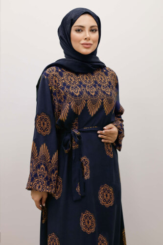 Çini Desenli Viskon Elbise TSD250237 Lacivert - Tesettür Dünyası (1)