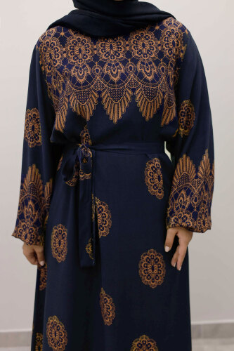 Çini Desenli Viskon Elbise TSD250237 Lacivert - 4
