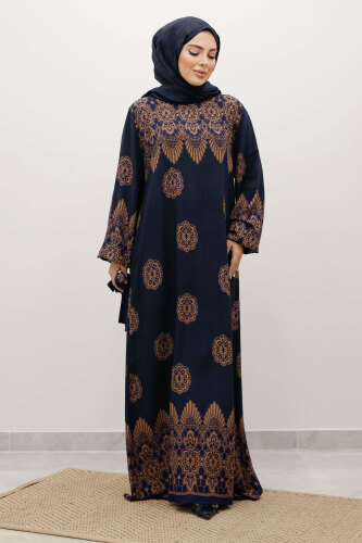 Çini Desenli Viskon Elbise TSD250237 Lacivert - 5