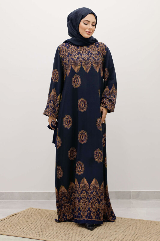 Çini Desenli Viskon Elbise TSD250237 Lacivert - 5