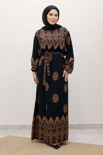 Çini Desenli Viskon Elbise TSD250237 Siyah - Tesettür Dünyası