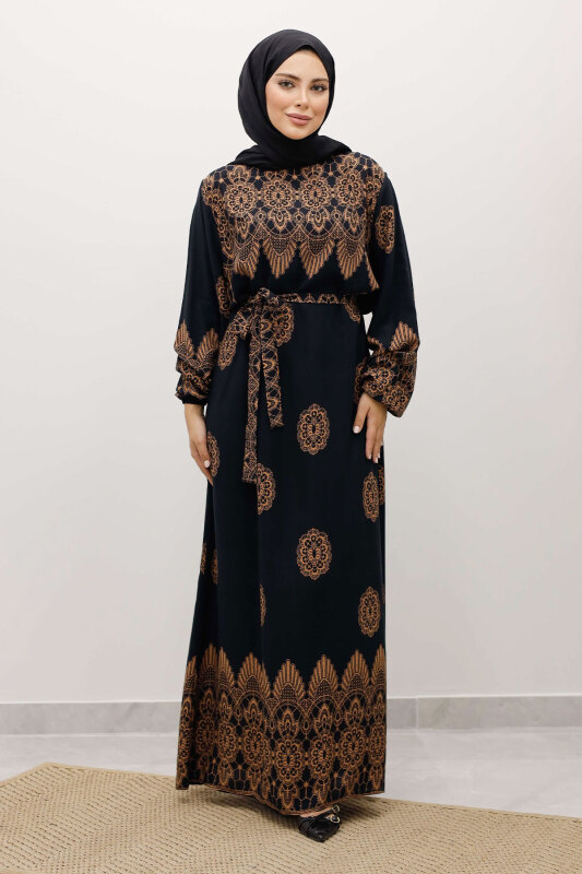 Çini Desenli Viskon Elbise TSD250237 Siyah - Tesettür Dünyası