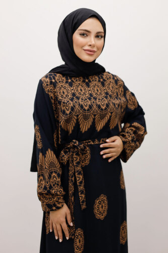 Çini Desenli Viskon Elbise TSD250237 Siyah - Tesettür Dünyası (1)