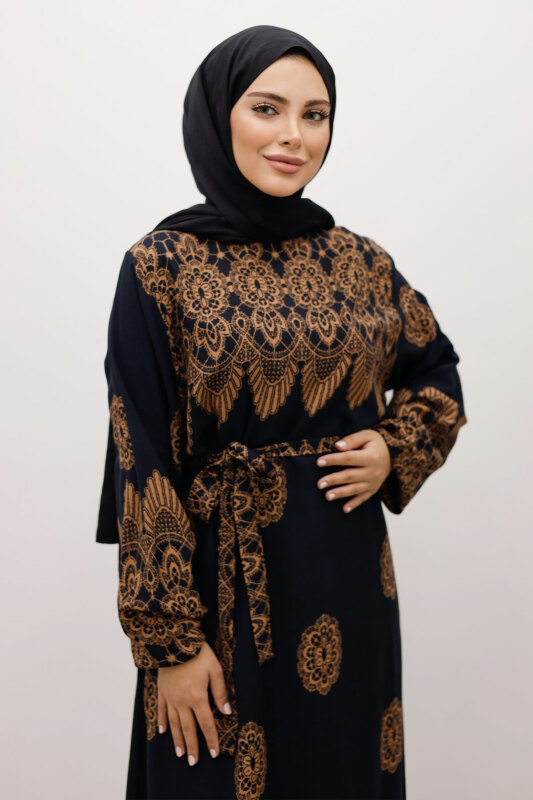 Çini Desenli Viskon Elbise TSD250237 Siyah - Tesettür Dünyası (1)