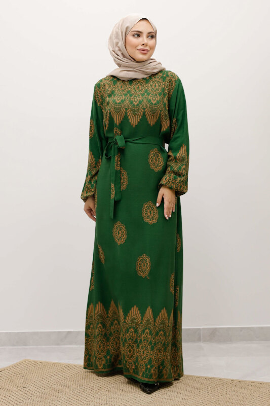 Çini Desenli Viskon Elbise TSD250237 Yeşil - Tesettür Dünyası
