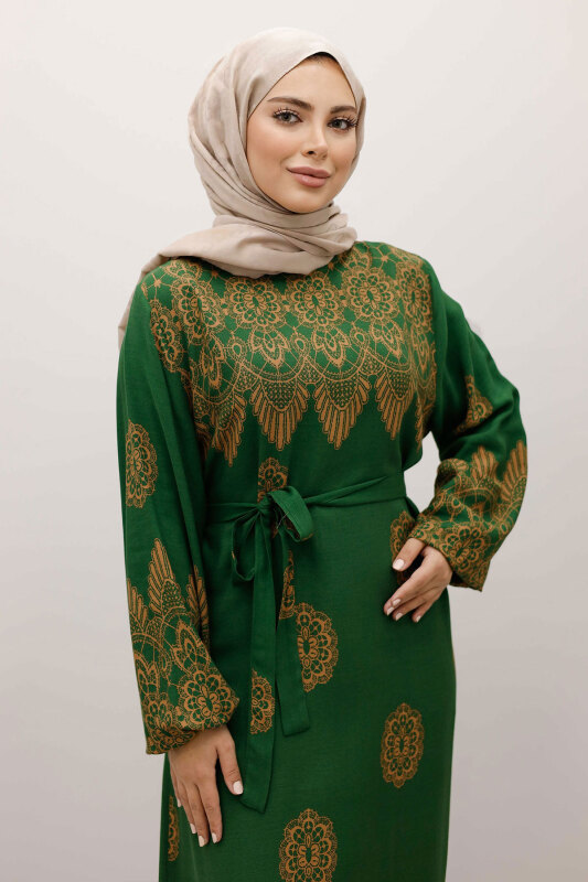 Çini Desenli Viskon Elbise TSD250237 Yeşil - Tesettür Dünyası (1)