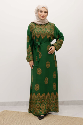 Çini Desenli Viskon Elbise TSD250237 Yeşil - 3