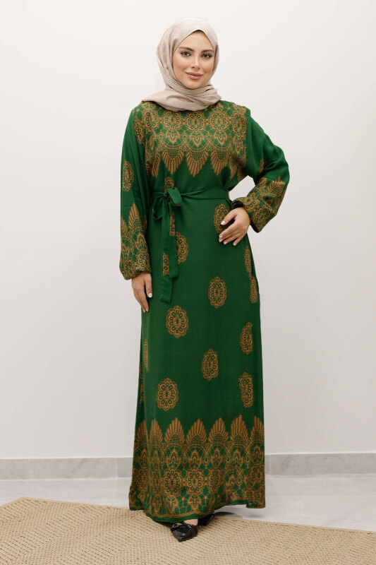 Çini Desenli Viskon Elbise TSD250237 Yeşil - 3
