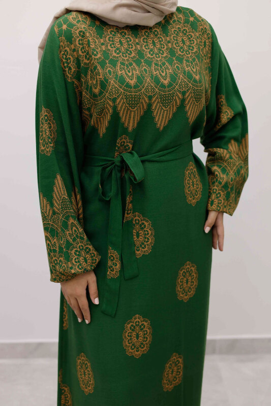 Çini Desenli Viskon Elbise TSD250237 Yeşil - 4