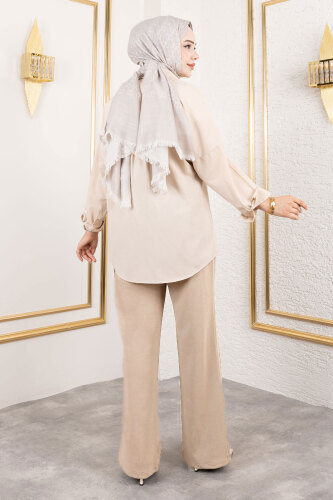 Cırt Kapamalı Yüksek Bel Palazzo Pantolon TSD250204 Bej - 5