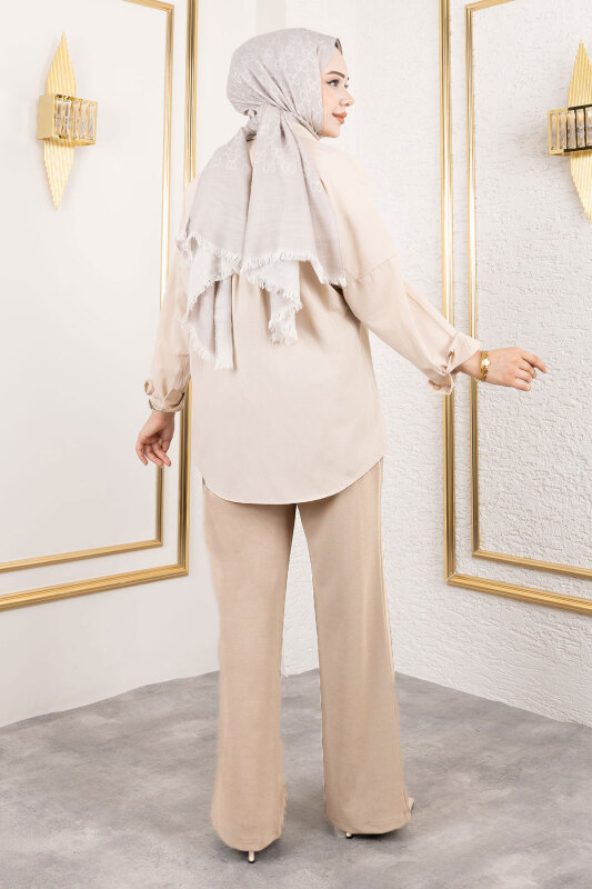 Cırt Kapamalı Yüksek Bel Palazzo Pantolon TSD250204 Bej - 5