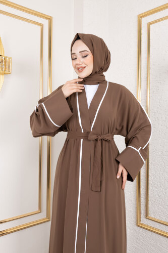 Çıtçıtlı Biye Detaylı Şallı Abaya TSD250174 Kahverengi - 2