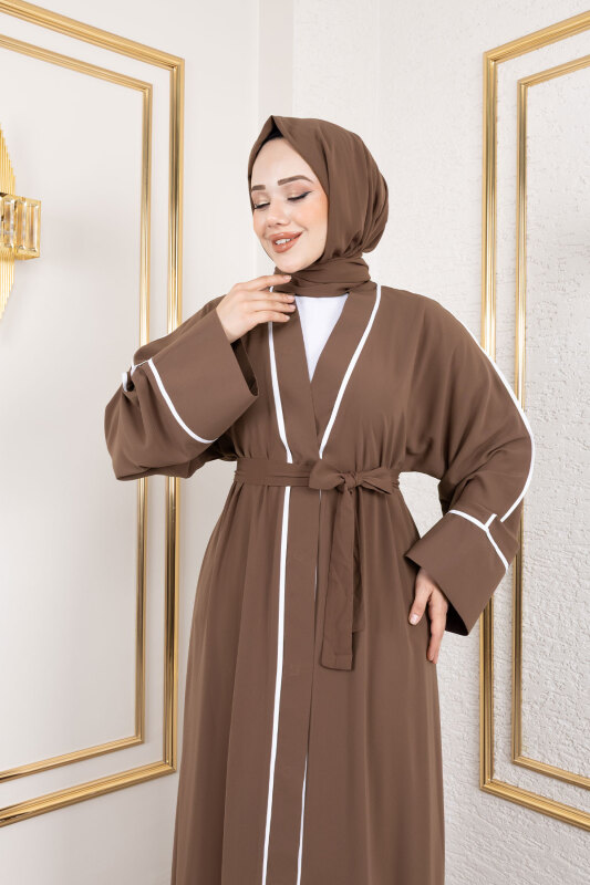 Çıtçıtlı Biye Detaylı Şallı Abaya TSD250174 Kahverengi - 2