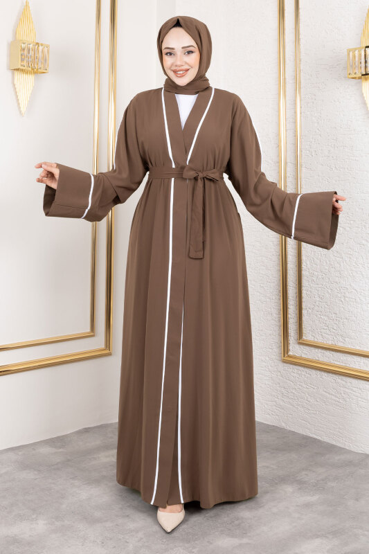 Çıtçıtlı Biye Detaylı Şallı Abaya TSD250174 Kahverengi - 3