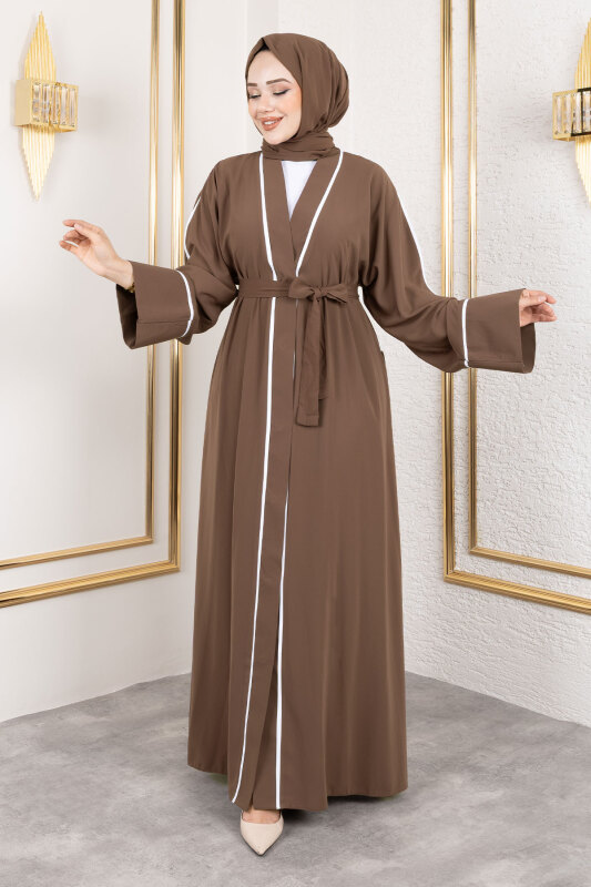 Çıtçıtlı Biye Detaylı Şallı Abaya TSD250174 Kahverengi - 1