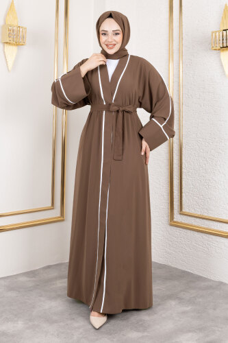 Çıtçıtlı Biye Detaylı Şallı Abaya TSD250174 Kahverengi - 4