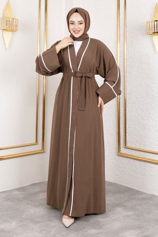 Çıtçıtlı Biye Detaylı Şallı Abaya TSD250174 Kahverengi - 4