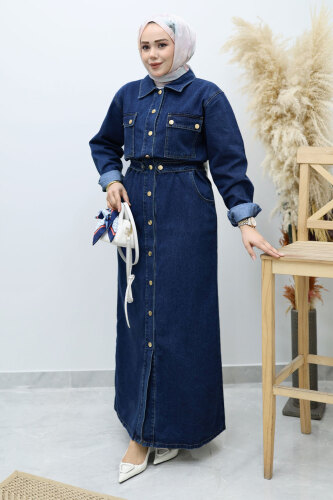 Çıtçıtlı Kot Elbise TSD260133 Koyu Mavi - 1
