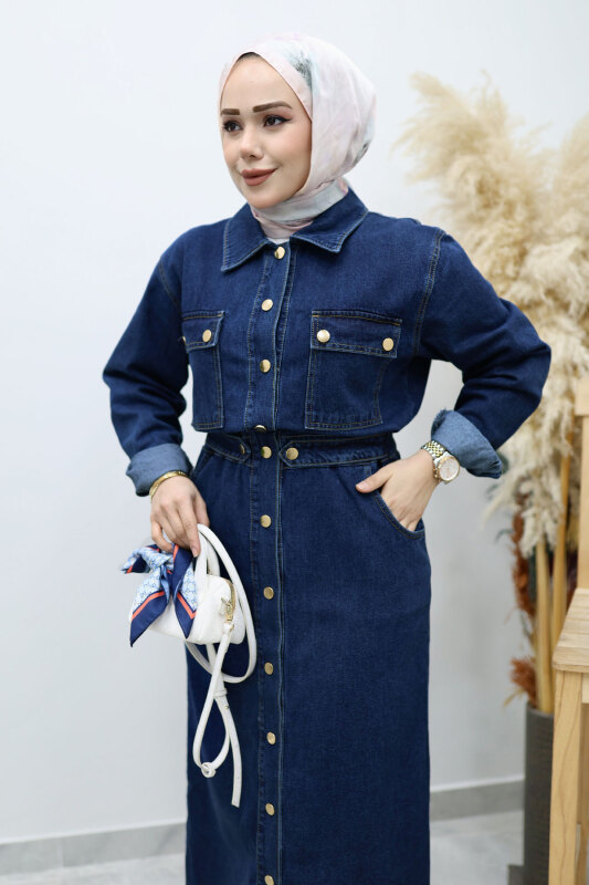 Çıtçıtlı Kot Elbise TSD260133 Koyu Mavi - Tesettür Dünyası (1)