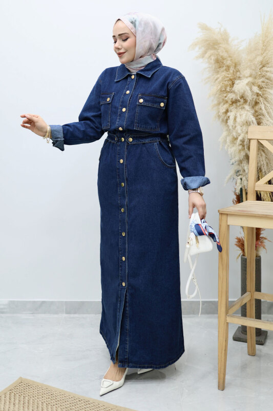 Çıtçıtlı Kot Elbise TSD260133 Koyu Mavi - 3