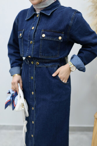 Çıtçıtlı Kot Elbise TSD260133 Koyu Mavi - 4