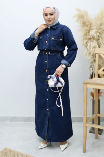 Çıtçıtlı Kot Elbise TSD260133 Koyu Mavi - 5