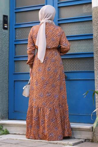 Çıtır Desenli Eteği Volanlı Elbise TSD240210 Kiremit - 5